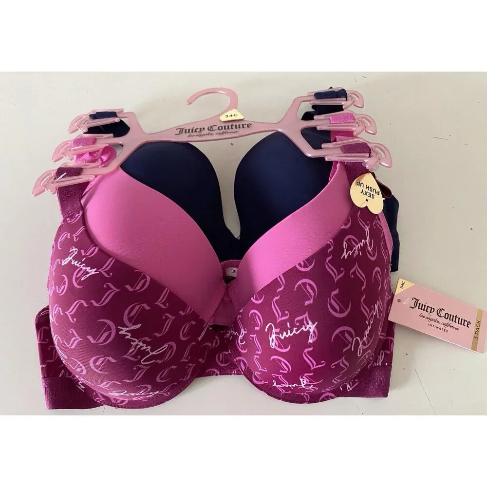 3 Pack Juicy Couture Sexy Push Up Bra Size 34C Juicy Logo Wine Pink Navy‎ NEW
